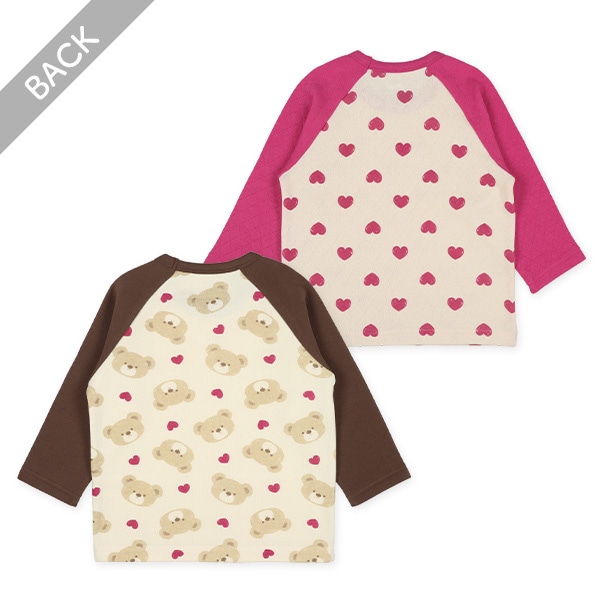 2枚組裏起毛+キルトラグラン長袖パジャマ（くま・ハート）