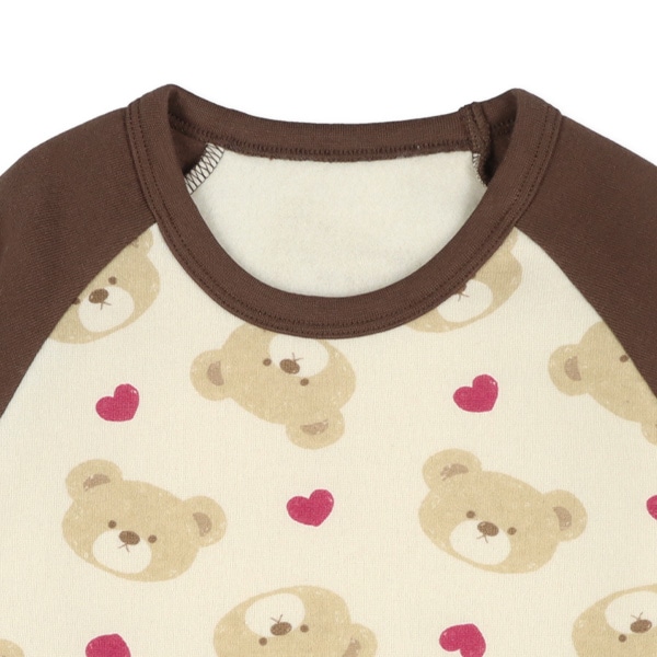 2枚組裏起毛+キルトラグラン長袖パジャマ（くま・ハート）