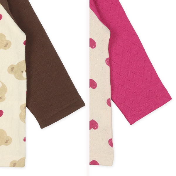 2枚組裏起毛+キルトラグラン長袖パジャマ（くま・ハート）