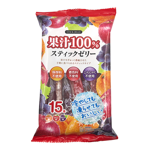 リボン）果汁100%スティックゼリー 15本入り（オレンジ・りんご・ぶどう）