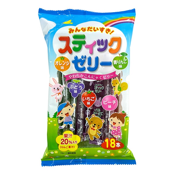 リボン）みんなだいすき!スティックゼリー 18本入り（ぶどう・ピーチ・いちご・青りんご・オレンジ）
