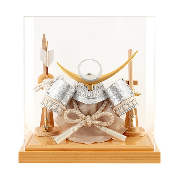 五月人形 コンパクト 兜ケース飾り 兜飾り 4面アクリルケース 弓太刀付 銀上杉